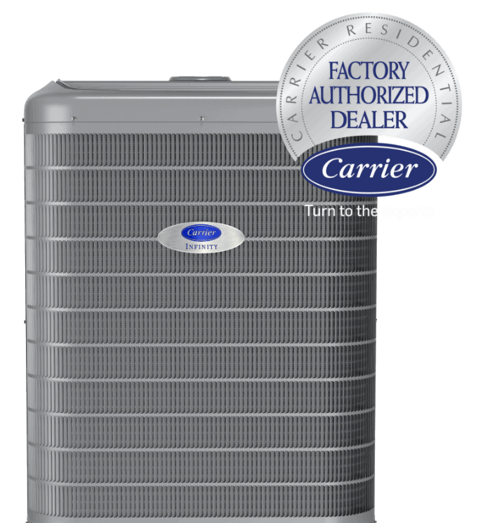 Carrier air conditioner with Factory Authorized Dealer logo.